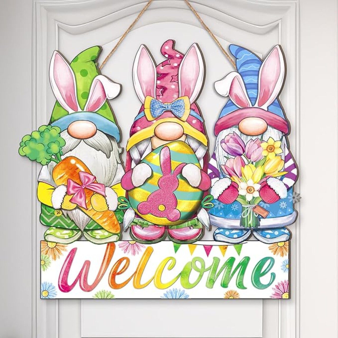 Easter Welcome Door Sign Decorations Wooden Gnome Bunny Wreath Door Hanger Pastel Spring Easter Decorations for Home Wall Front Porch Outdoor